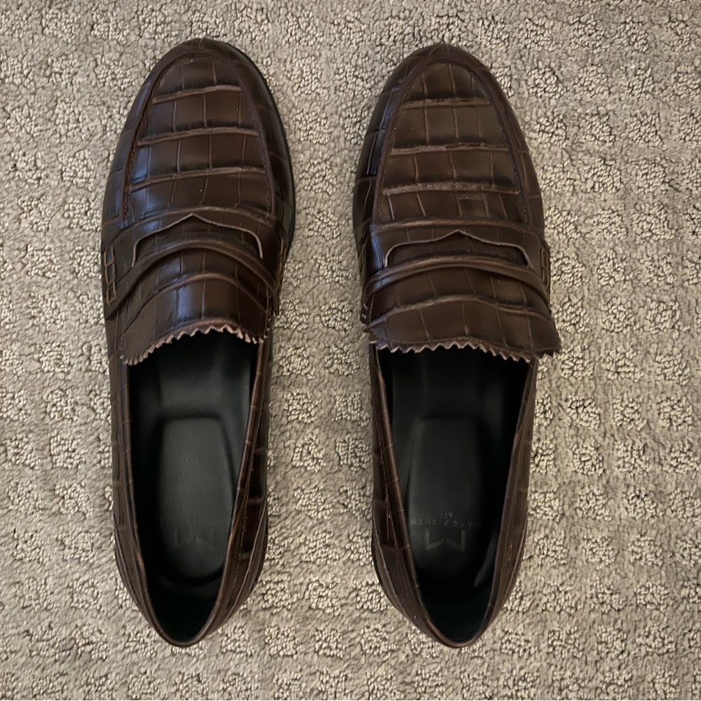 Marc Fisher Brown Leather Loafers with Crocodile Texture
